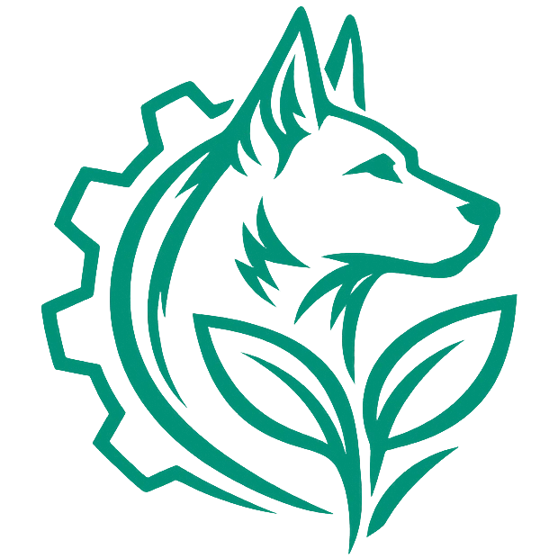 Growdog-Logo mit Hund, Pflanze und Zahnrad